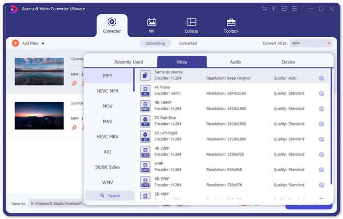 Select format by icon