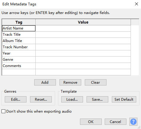 Edit tag metadata dalam audacity