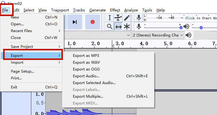 Audacity'de iki ses parçasını birleştirdikten sonra dışa aktar