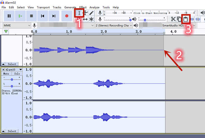 Incolla una traccia audio copiata