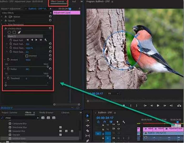 Premiere Pro में Unsharp Mask की सेटिंग्स समायोजित करें